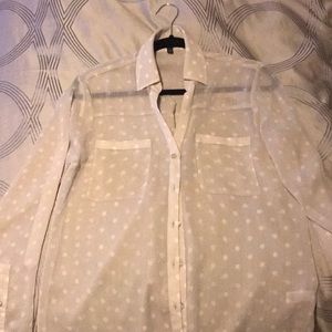 Cream and white polka dot long sleeve sheer shirt
